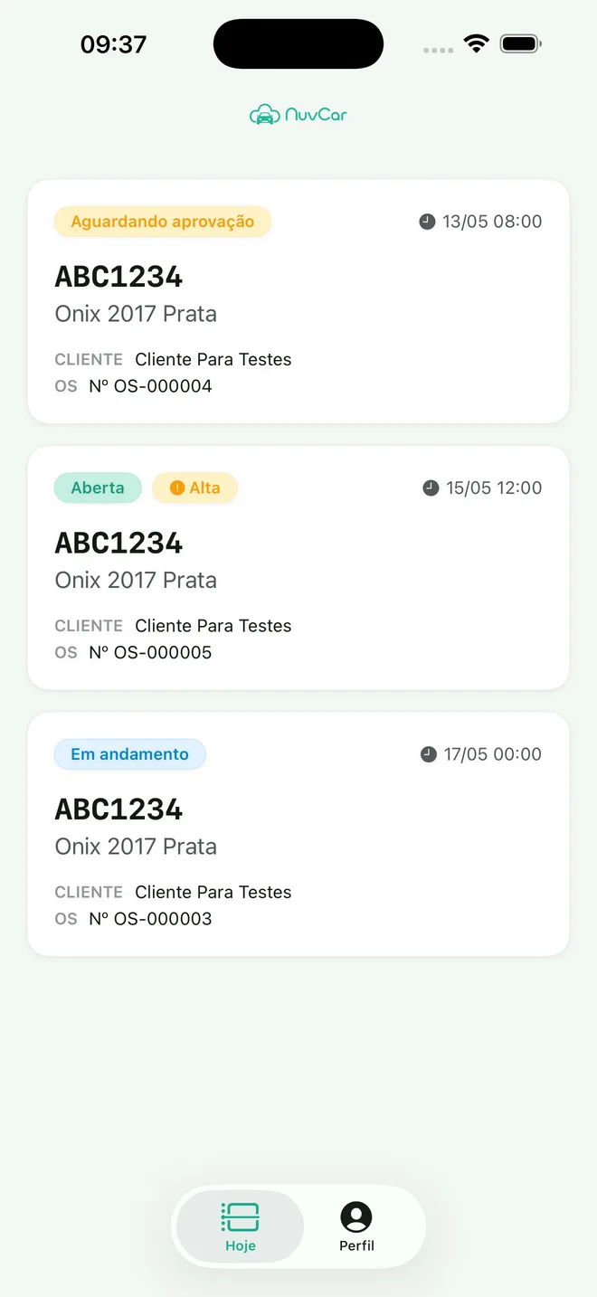 Lista de ordens de serviço no app NuvCar Oficina