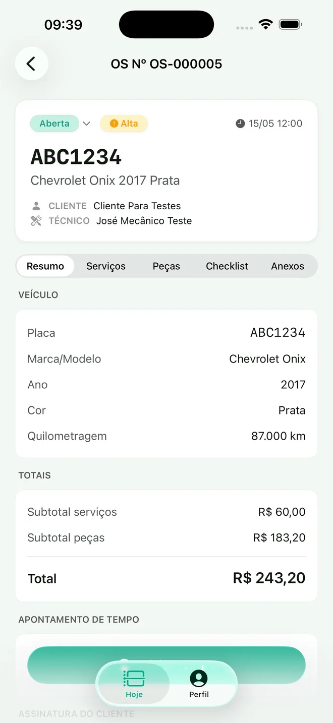 Detalhe de uma ordem de serviço no app NuvCar Oficina